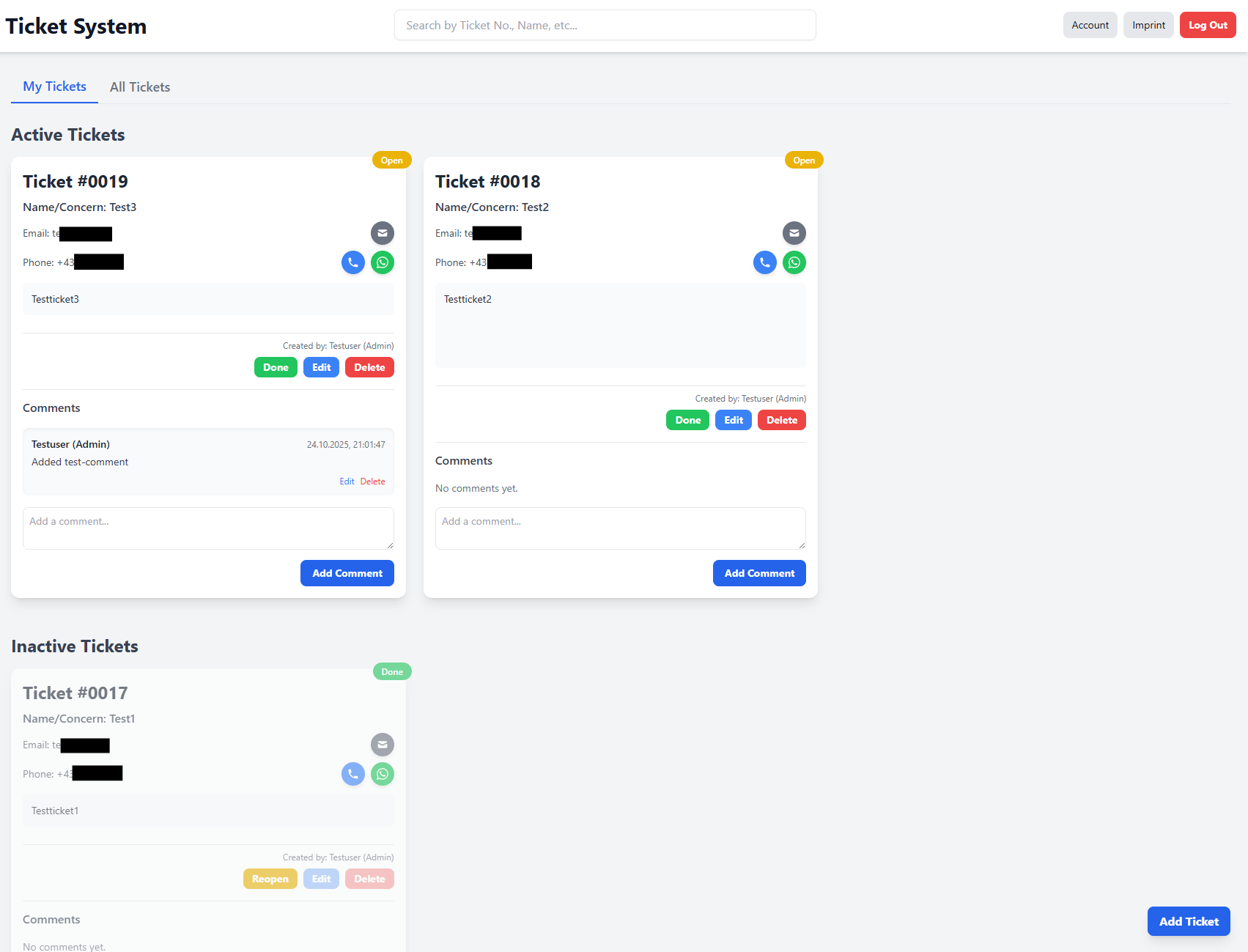 Ticketsystem Dashboard Hauptansicht